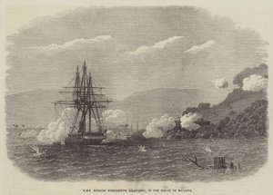 マラッカ海峡のサランゴレを砲撃するHMSリナルド(彫刻) 作： English School