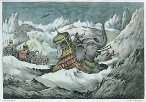 ハンニバル（紀元前247-c.183）とアルプスを横断する彼の戦争の象（後の着色）