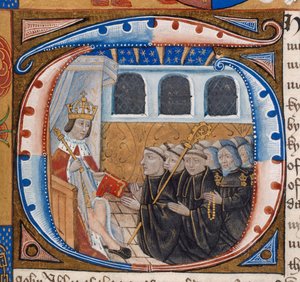 ハーレー 1498 年、f.59 ヘンリー 7 世が本を受け取る様子を描いた歴史的イニシャル、「ウェストミンスター寺院の年季奉納」の挿絵 (ベラム) 作： English School