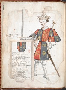 Harley 4205 f.7v An English king in armour and tabard (Henry V) from 