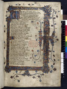 ハーレー 7334、f.1 照らされたイニシャル「W」、「カンタベリー物語」から、ジェフリー チョーサー作、1410 年頃（ベラムにインク、カラー、ゴールド）