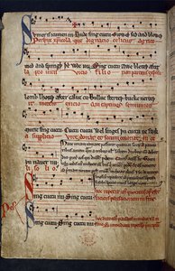 Harley MS 978 f.11v Musical Miscellany、「寓話を含む詩のコレクション、音楽、暦、医学テキスト」より（ヴェラムにインクと彩色） 作： English School