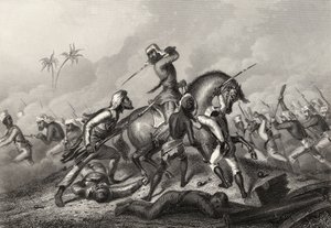 1858年に発表された「インドの反乱の歴史」から、カウポアの前に反逆者を攻撃するハブロック列