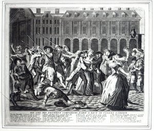 彼と彼の酒に酔った仲間は、1735年のホガースの「レーキの進歩」に基づく海賊版シリーズから、コベントガーデンで暴動を起こします。 作： English School