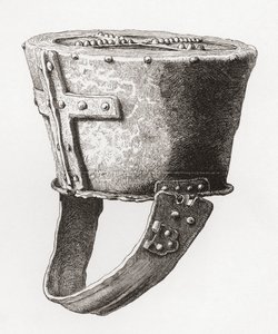 イギリスのポメロイ城のヘルメット、12 世紀頃、The British Army: Its Origins, Progress and Equipment、1868 年発行。 作： English School