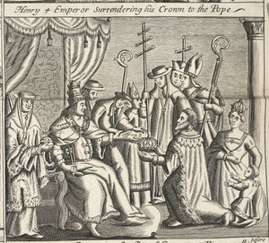 ヘンリー4皇帝が王冠をローマ法王に降伏させた。 1684 作： English School