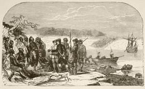 1609年、インディアンに酒を勧めるヘンリー・ハドソン（リトグラフ） 作： English School