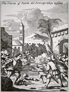 1668年、キューバのプエルト・デ・プリンシペの町を占領したヘンリー・モーガン（1699年に出版されたジョン・エスクメリングの「The Buccaneers of America」からの挿絵 作： English School