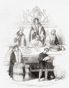1497 年に財務省で行われたヘンリー 7 世の度量衡の試み、オールド イングランドより: 絵画博物館、パブ。 1847年 作： English School