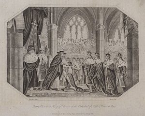 ヘンリー6世は1431年、パリのノートルダム大聖堂でフランス国王を戴冠しました。 作： English School
