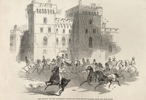 1845年6月14日の「The Illustrated London News」より、女王陛下、アスコットレースのためにウィンザー城を去る輝かしい訪問者とスイート 作： English School