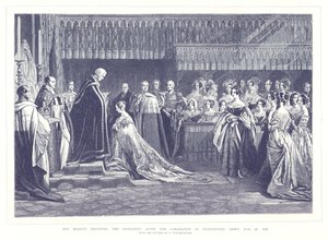 1838年6月28日、ウェストミンスター寺院での戴冠式の後、聖餐を受ける女王 作： English School