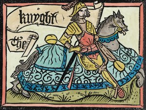 ベジネス・ザ・ナイツ・テール、ウィリアム・キャクストン（c.1422-91）によって印刷されたジェフリー・チョーサー（c.1345-1400）によるカンタベリー物語のイラスト1434（後の色付け） 作： English School