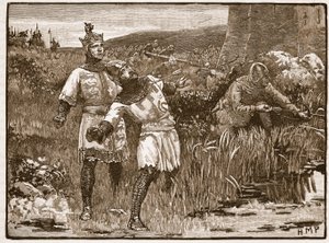 ブリッジノース城の包囲でのセントクレアの英雄、カッセルズイラストレイテッドイングランドオブイングランドのイラスト（セピア写真） 作： English School