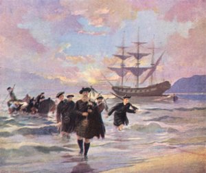 ヘクター号」からノヴァ・スコシア州ピクトーに到着したハイランド入植者たち（1773年）（カラーリトグラフ 作： English School