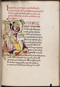 1719年以前のTextus Roffensisからの、キリストとドラゴンを伴う歴史的なイニシャル「R」（エニャンテ）（羊皮紙の複製） 作： English School