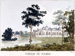 ノーフォークのホーカム・ホール、ウィリアム・ワッツの「Tableaux des Maison et Jardins」からの挿絵、1785年頃（彩色された彫刻版） 作： English School