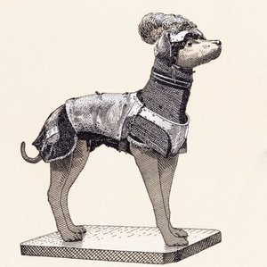 ボディアーマーを着たハウンド（彩色済み彫刻