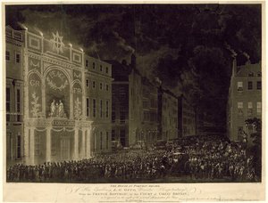 1802年4月29日、平和を祝うためにライトアップされたフランス大使のポートマンスクエアの家 作： English School