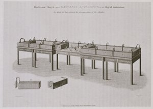 王立研究所のハンフリーデービー（1778-1829）ガルバニック機器、1808年発行 作： English School