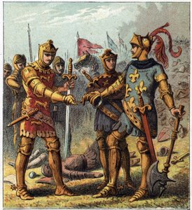 百年戦争：ポワティエの戦い（1356年）。フランス王ジョン2世（1319-1364）は敗北を認め、イングランド王エドワード・プランタジネット（Edward of Woodstock Brackembury 作： English School