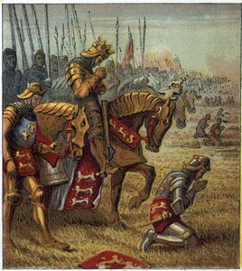 百年戦争：「1415年10月25日のアジンクールの戦い」。ヘンリー5世（1387-1422）はフランス軍と対峙する前に祈りを捧げた。アジンクールの戦い」。戦いの前に勝利を祈願するヘンリー5世。 作： English School