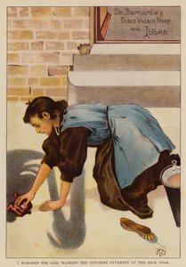 裏口のコンクリート舗装を洗う少女を見た（カラーリトグラフ） 作： English School