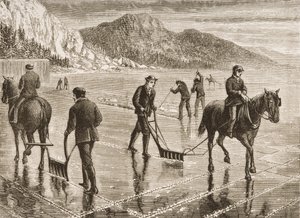1876年、ニューヨーク州ハドソン川のアイスハーベスト、「アメリカンピクチャーズ」より 作： English School