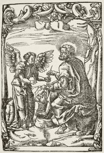 1525年にケルンで出版された、ウィリアムヒックマンスミスアウブによるイングランドの国内および国内史からの、新約聖書のティンダレス最初の英語訳の冒頭からのイラスト 作： English School