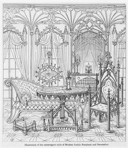 アウグストゥスウェルビーピュージン作（1812-52）による、キリスト教建築の「尖った真の原理」によるモダンなゴシック様式の家具と装飾の贅沢なスタイルのイラスト 作： English School