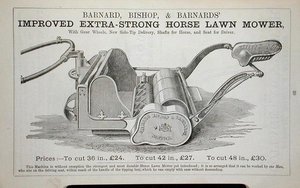 Improved Extra-Strong Horse Lawn Mower、Barnard Bishop & Barnard社発行の園芸カタログのイラスト。 作： English School