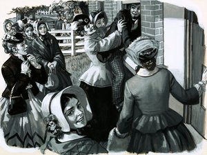 1848年、エリザベス・キャディ・スタントンがニューヨークで開催した参政権運動の集会（紙にガッシュ 作： English School