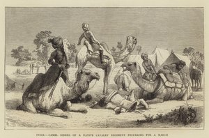 インド、行進の準備をしている先住民の騎兵連隊のラクダ乗り（エングレービング 作： English School