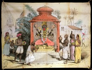 インド、カーリーの人物像と崇拝、1850年頃（インクと布で洗う） 作： English School
