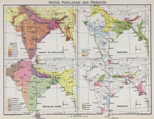 インド、人口と製品（カラーリトグラフ 作： English School