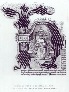 1529年のヘンリー8世とウォルジーの肖像画を含む憲章の最初の手紙 作： English School