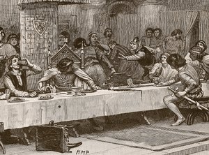 Balliolsのクリスマスディナーの中断、Cassells Illustrated History of England（sepia写真）のイラスト 作： English School