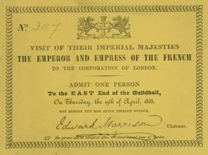 1855年4月19日、ロンドンのギルドホールでの皇帝陛下、フランス皇帝、皇后両陛下の訪問のご招待 作： English School