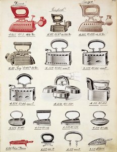 家庭用品および付属品の貿易カタログからのアイロン、c.1890-1910