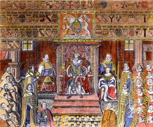 イングランドのジェームズ1世（1566-1625）、法廷、（彫刻）（後の着色） 作： English School