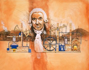 窯と機械式ポンプを背景に持つジェームズ・ワット 作： English School