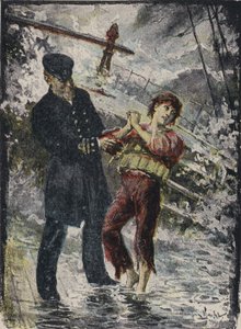 1881 年にウェールズ沖の強風で船が難破する前に、若い密航者に救命胴衣を渡した蒸気船キプリアン号の船長、ジョン・アレクサンダー・ストラカン (色リソ)