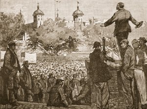 1889年、タワーヒルでの港湾労働者の集会で演説するジョンバーンズ、キャッセルズイラストレイテッドイングランドオブイングランドのイラスト（セピア写真）