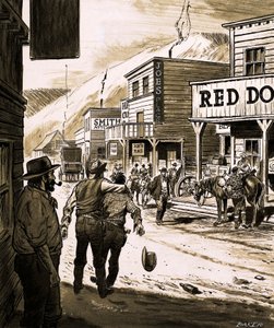 ジョン・サッターがサクラメント・バレーで金を発見し、1847年にカリフォルニアの大ゴールドラッシュが始まった（紙にガッシュ 作： English School