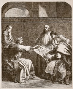 ジョンは男爵の記事への署名を拒否し、Cassells Illustrated History of England（セピア写真）からのイラスト 作： English School