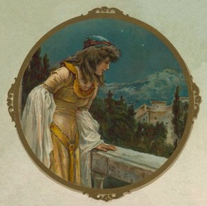 バルコニーのジュリエット、シェイクスピアのロミオとジュリエットのシーン (chromolitho) 作： English School