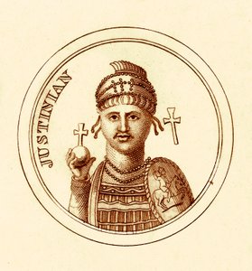 ユスティニアヌス、1825年に出版されたGeorge Crabbのユニバーサルヒストリカルディクショナリーのイラスト（デジタル処理された画像） 作： English School