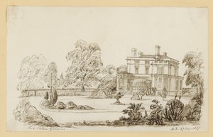 ケンジントン宮殿の庭園。 1857年8月27日付（紙にインク） 作： English School