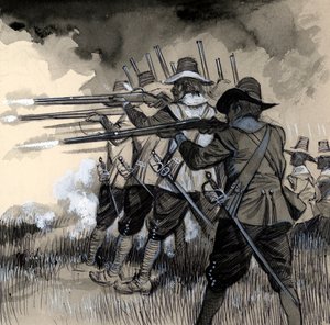 スウェーデンのグスタフアドルフ王はスウェーデンの歩兵を軽いマスケット銃で武装させた 作： English School