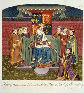 ヘンリー6世（1421-71）がジョンタルボット（c.1388-1453）に剣を差し出したシュルーズベリー伯爵、 『イギリス国民の服装と習慣の完全な眺め』第2巻のイラスト集、発行17